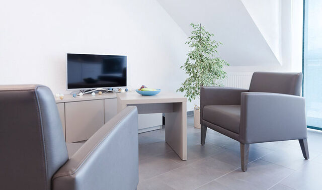 Räumlichkeiten mit zwei Sesseln und einem Couchtisch, sowie einem Sideboard mit einem TV. Neben diesem steht eine Pflanze